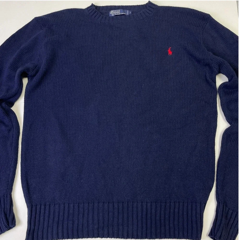 VTG Polo Ralph Lauren Mens Navy Blue Cotton Crewneck Sweater L Red Pony Logo